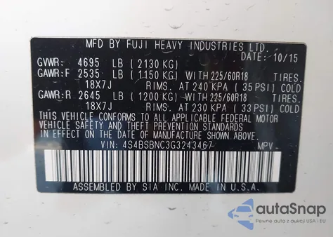 2016 Subaru Outback 2.5I Limited from USA, damaged, VIN 4S4BSBNC3G3243467